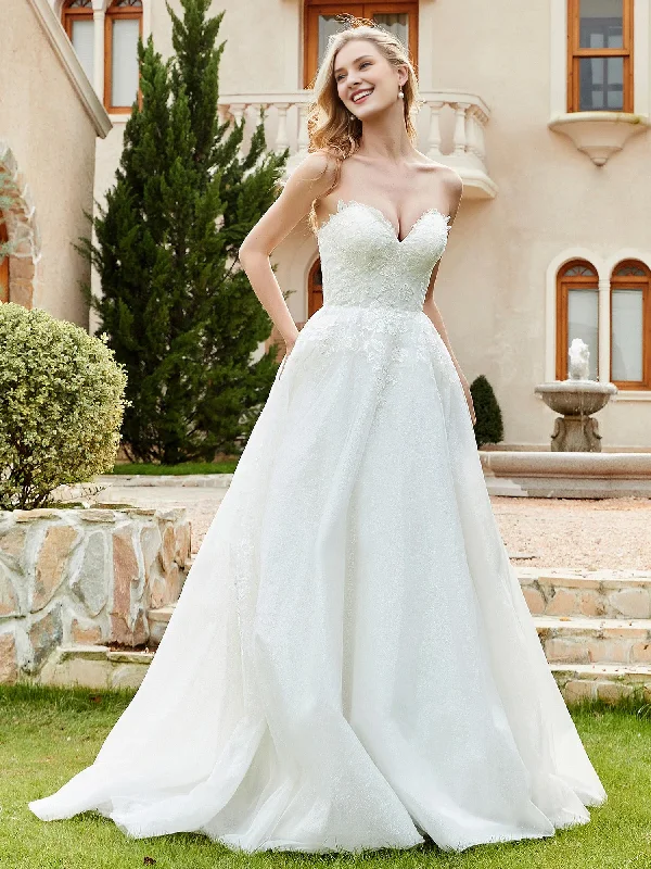 Discount Mania Sweetheart lace pleats sweep across trailing wedding dress