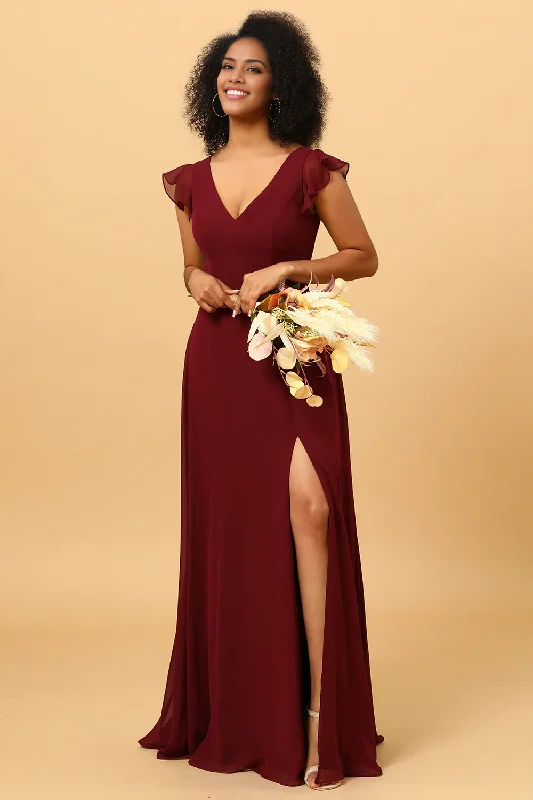 Special Buy Chiffon Burgundy Long Dress Bridesmaid Dress with Slit