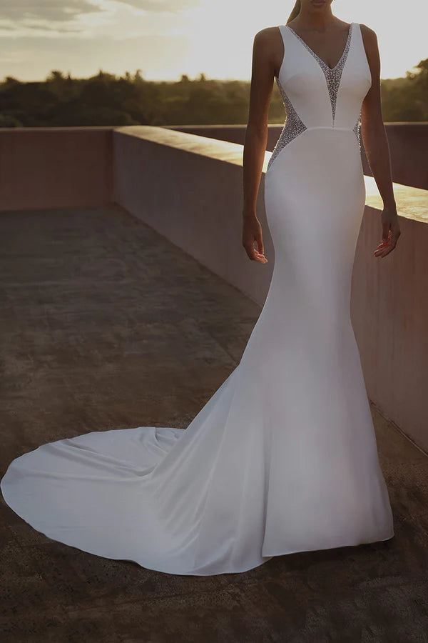 Price Buster Charming V-neck beaded palace dress with fishtail