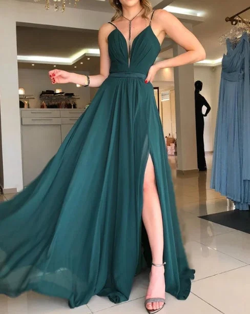 Year-End Sale A-Line Open Back Chiffon Long Dress Bridesmaid Dresses With Slit