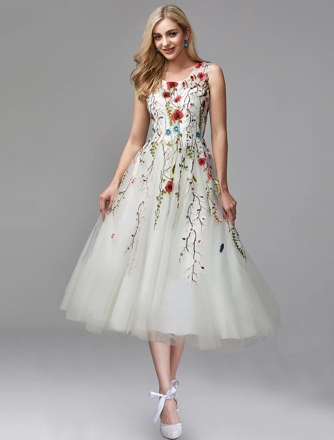 Reduced Prices A-Line Prom Dresses Floral Dress Engagement Tea Length Sleeveless Jewel Neck Chiffon with Lace Insert Appliques Reduced Prices A-Line Prom Dresses Floral Dress Engagement Tea Length Sleeveless Jewel Neck Chiffon with Lace Insert Appliques