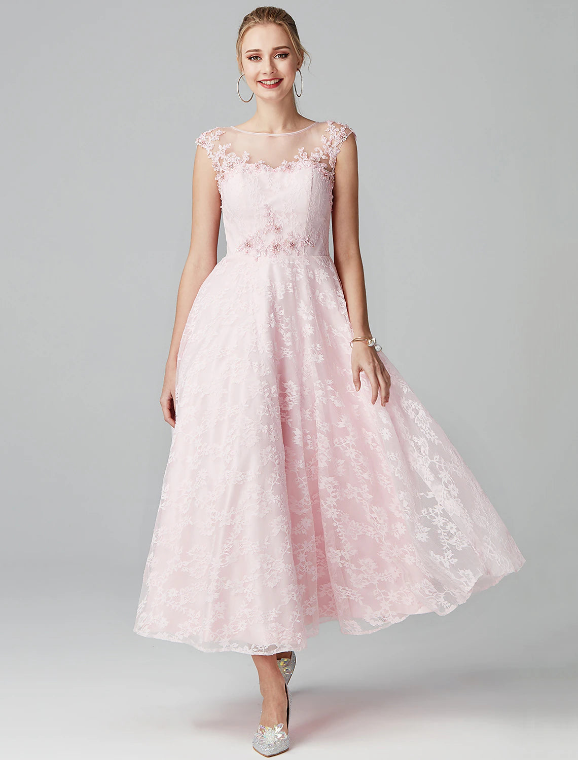 Stock Up and Save A-Line Prom Dresses Floral Dress Evening Party Ankle Length Short Sleeve Illusion Neck Lace Zipper with Appliques