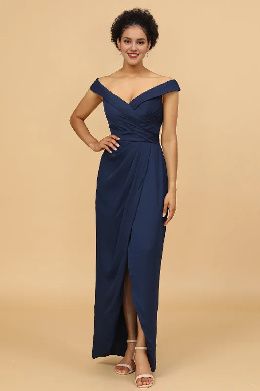Unbeatable Prices Navy blue tight fitting/straight tube off shoulder satin bridesmaid dress Unbeatable Prices Navy blue tight fitting/straight tube off shoulder satin bridesmaid dress