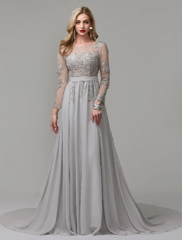 Super Sale A-Line Luxurious Engagement Formal Evening Dress Illusion Neck V Back Low Back Long Sleeve Chapel Train Chiffon with Sequin Appliques / Illusion Sleeve Super Sale A-Line Luxurious Engagement Formal Evening Dress Illusion Neck V Back Low Back Long Sleeve Chapel Train Chiffon with Sequin Appliques / Illusion Sleeve