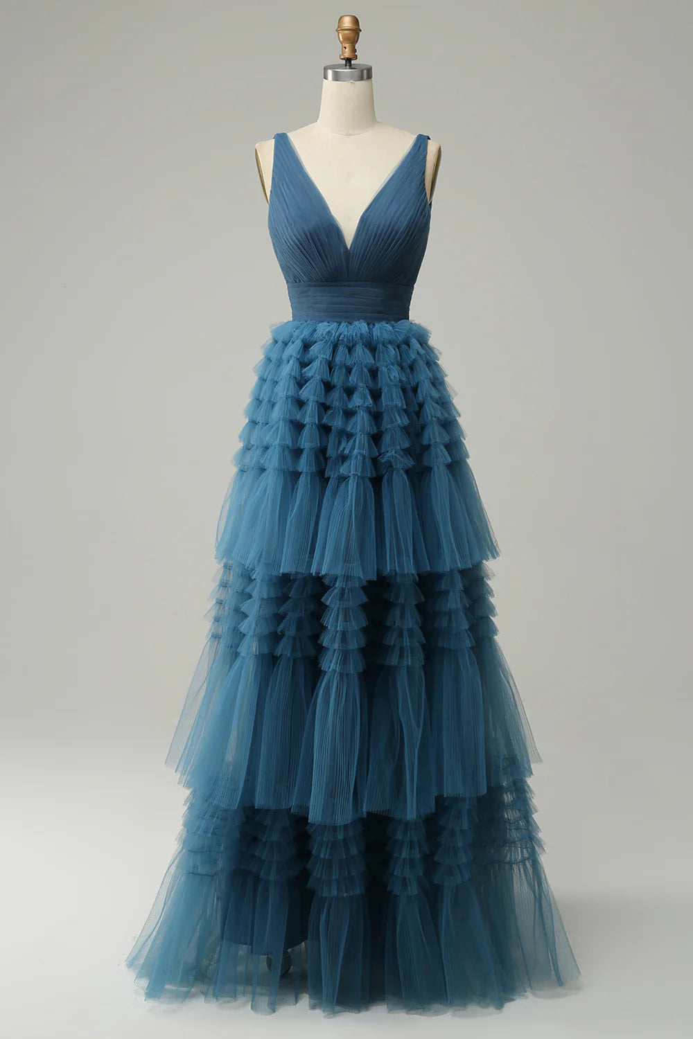 Deal Frenzy A Line V-Neck Blue Long Prom Dress Tulle With Open Back