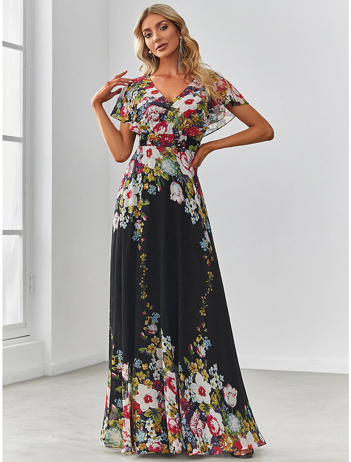 Super Deal A-Line Evening Gown Floral Dress Birthday Floor Length Short Sleeve V Neck Chiffon with Pattern / Print Super Deal A-Line Evening Gown Floral Dress Birthday Floor Length Short Sleeve V Neck Chiffon with Pattern / Print