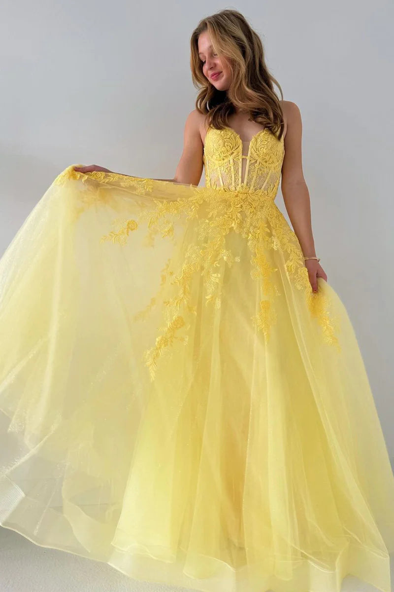 Today’s Deal A-Line V Neck Yellow Tulle Lace Long Prom Dresses