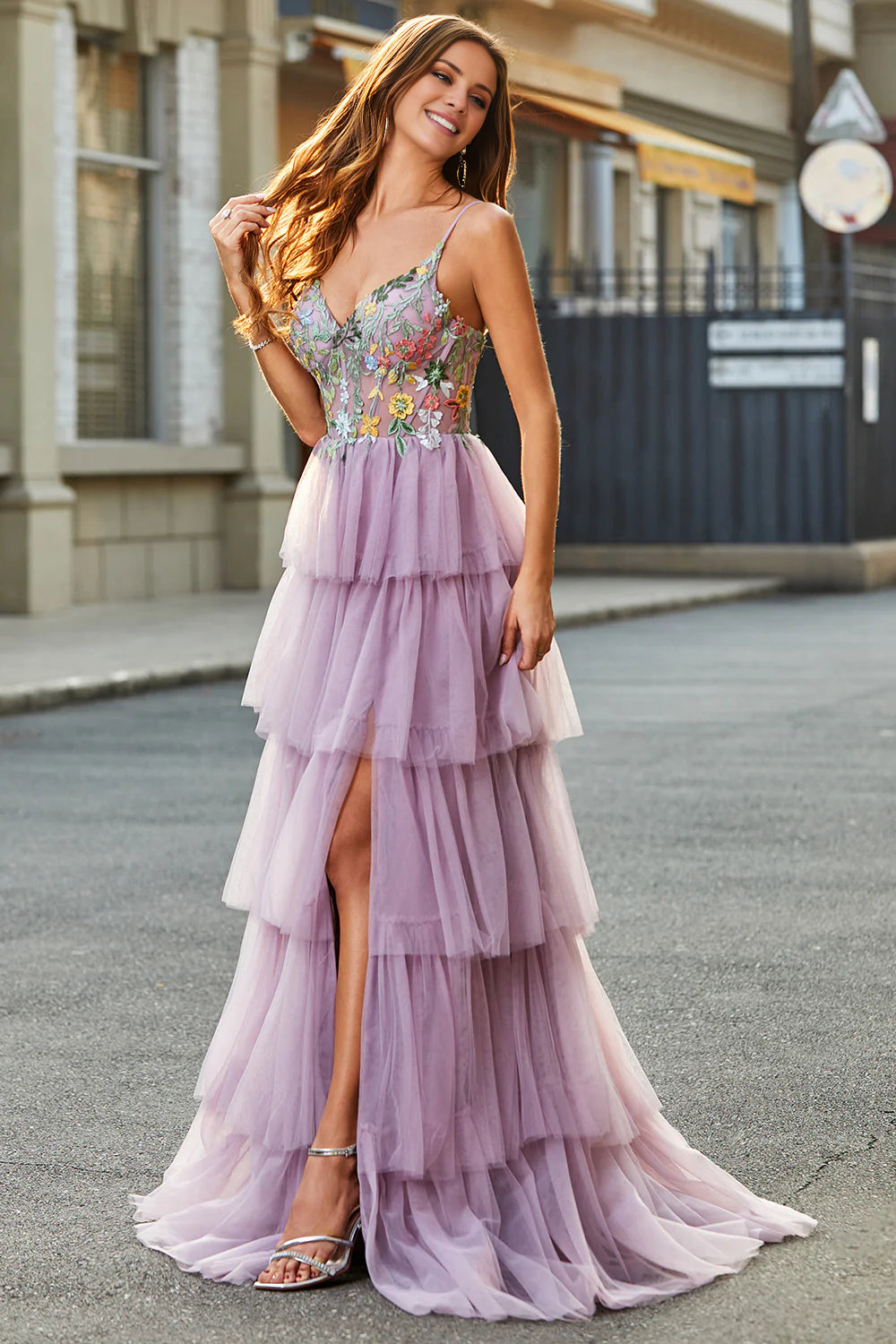 Massive Deals A-Line Tulle Long Corset Tiered Mauve Prom Dress With Appliques