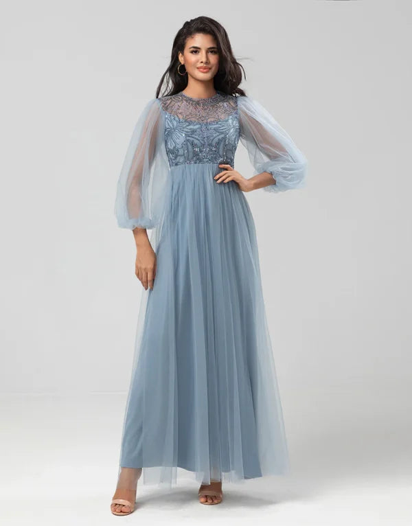 Great Deals A Line Jewel Neck Grey Blue Long with Long Sleeves Bridesmaid Dress