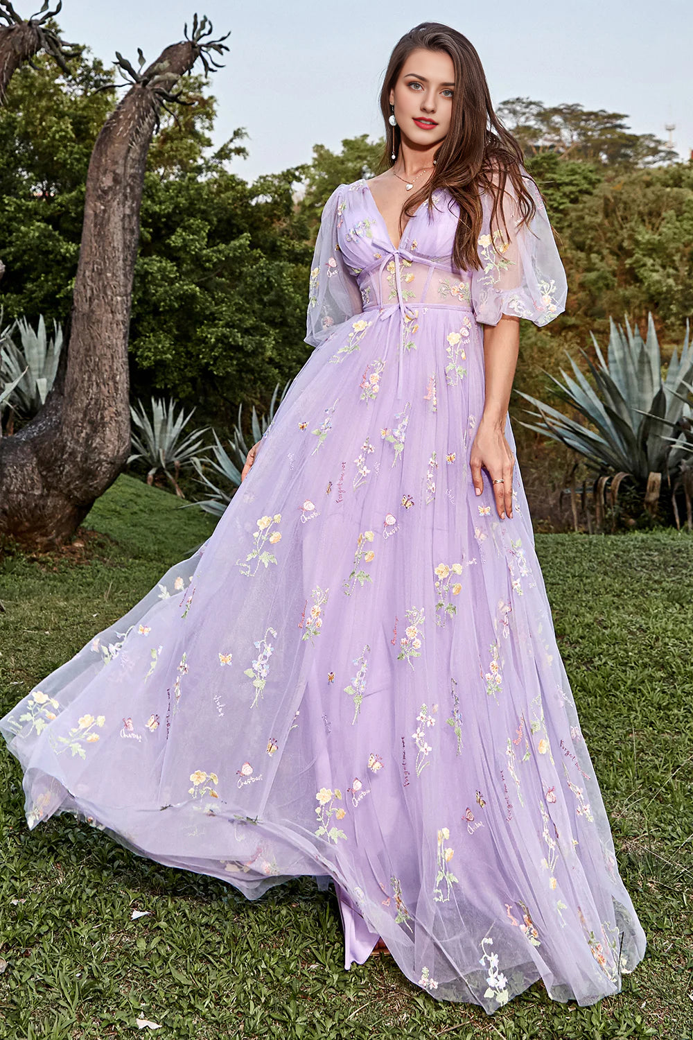 Shop and Save A-Line V-Neck Embroidery Lavender Long Prom Dress with Short Sleeves Shop and Save A-Line V-Neck Embroidery Lavender Long Prom Dress with Short Sleeves
