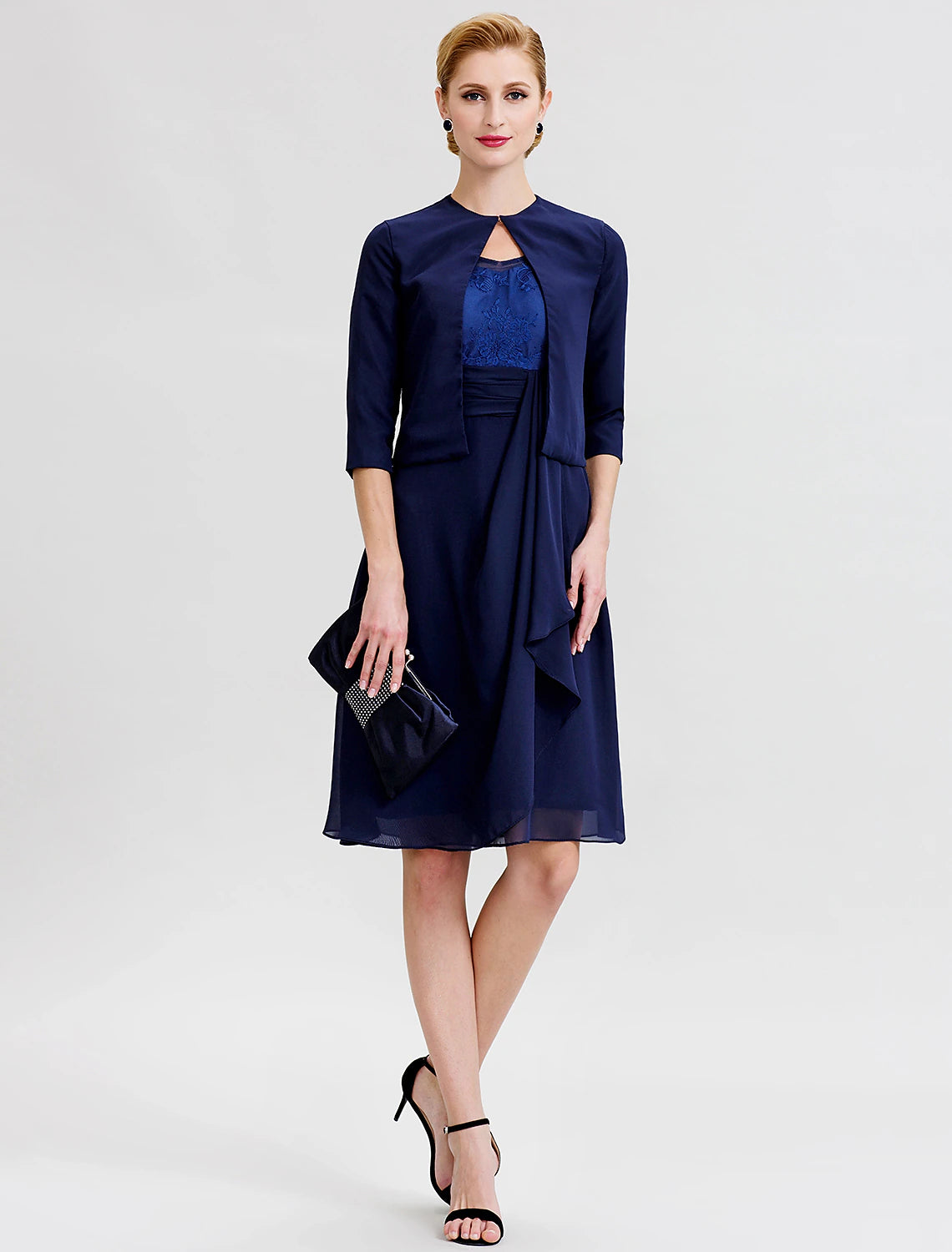 Online Only A-Line / Two Piece Jewel Neck Knee Length Chiffon / Corded Lace Mother of the Bride Dress with Sash / Ribbon / See Through / Wrap Included Online Only A-Line / Two Piece Jewel Neck Knee Length Chiffon / Corded Lace Mother of the Bride Dress with Sash / Ribbon / See Through / Wrap Included