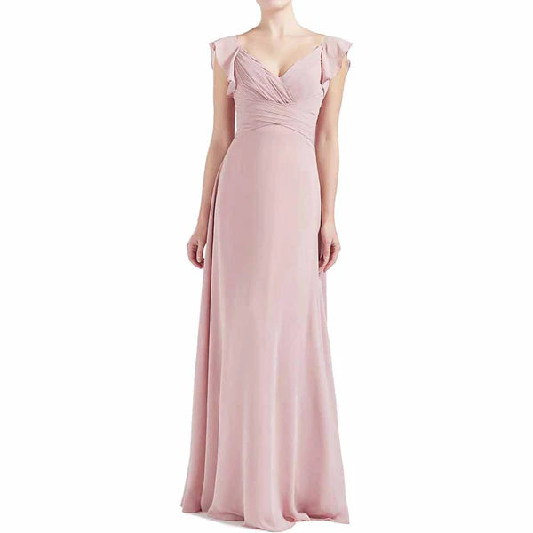 Price Cut V Neck Ruffle Cap Sleeve Long Bridesmaid Dresses