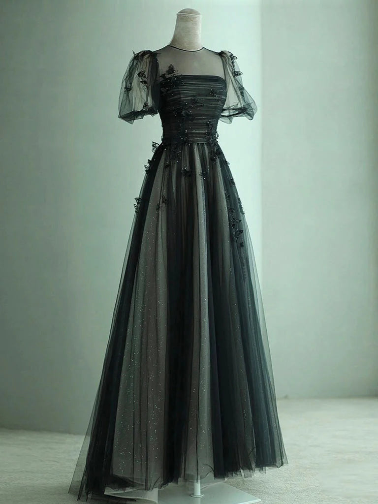 Bonus Savings Black A-Line Tulle Butterfly Long Prom Dress Evening Dress