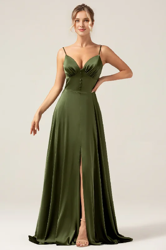 Price Slash Olive A-line slim shoulder strap slit long bridesmaid dress
