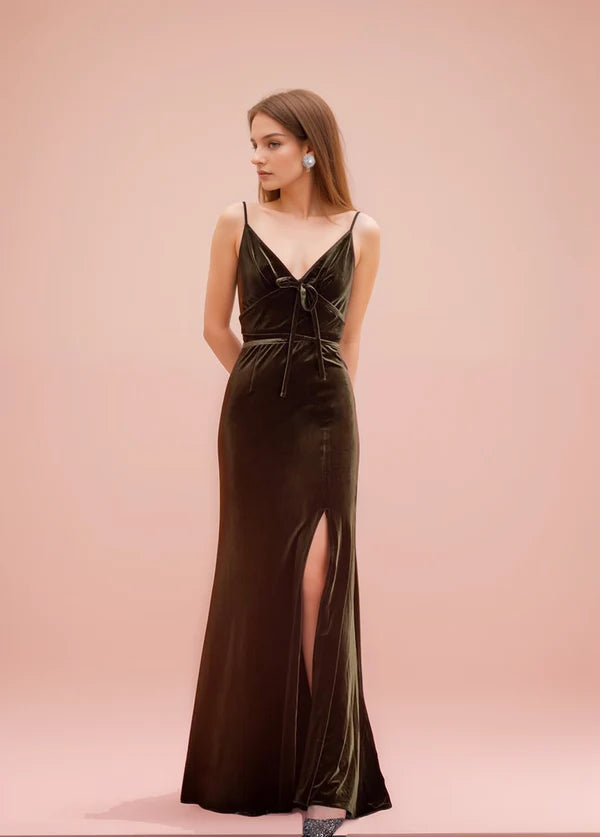 Deal Zone Spaghetti-straps bow design fit and flare long Velvet Dress Side Slit