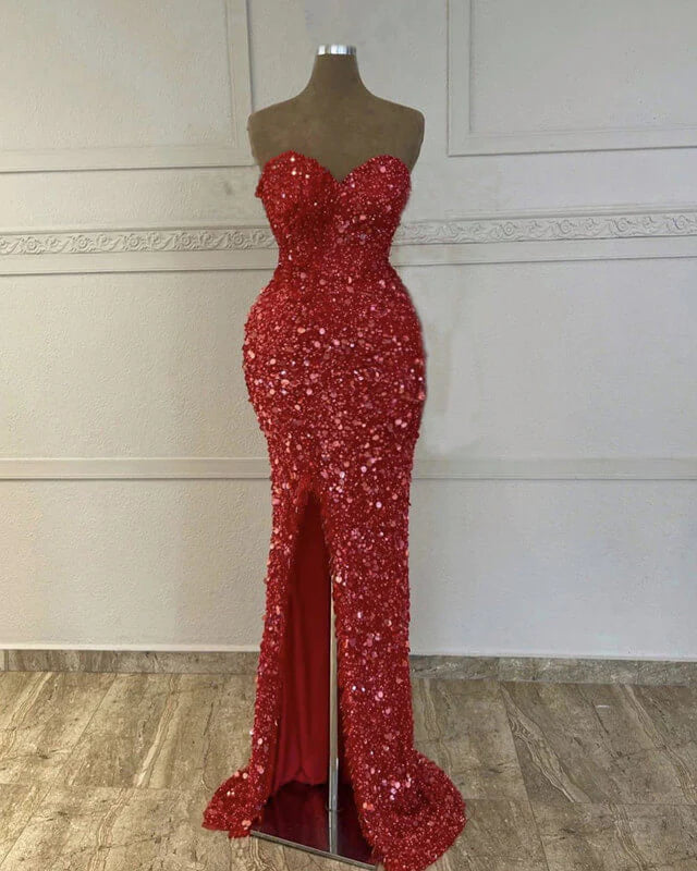 Great Deals Mermaid Red Sequin Strapless Gown Prom Dresses With Slit