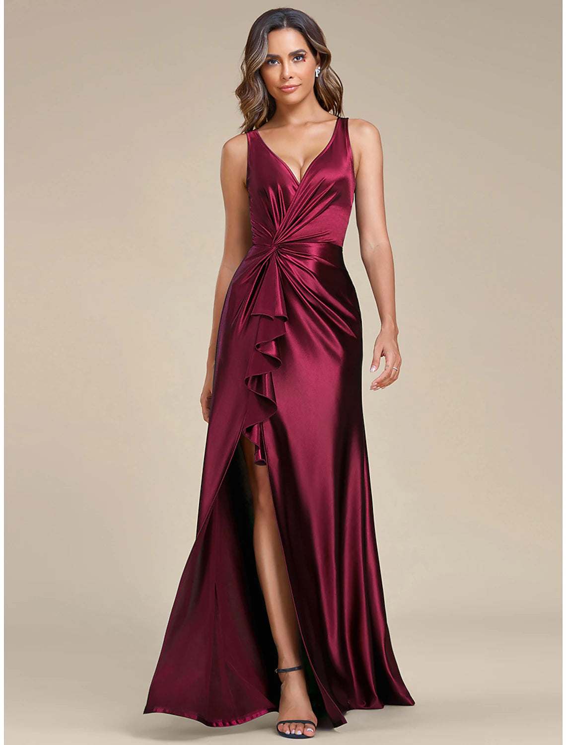 Closeout A-Line Wedding Guest Dresses Elegant Dress Formal Wedding Sweep / Brush Train Sleeveless V Neck Bridesmaid Dress Satin with Ruched Ruffles Slit Closeout A-Line Wedding Guest Dresses Elegant Dress Formal Wedding Sweep / Brush Train Sleeveless V Neck Bridesmaid Dress Satin with Ruched Ruffles Slit