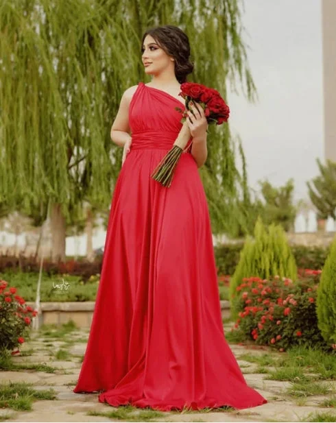 Bargain Prices Red Bridesmaid Dresses One Shoulder Floor Length Prom Dresses