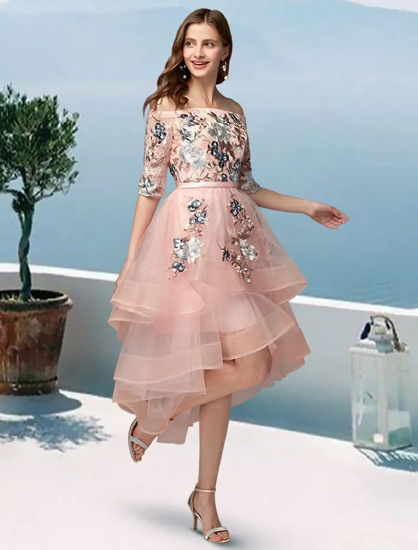 Clearance Items A-Line Prom Dresses Floral Dress Evening Party Asymmetrical Half Sleeve Off Shoulder Satin with Embroidery Appliques