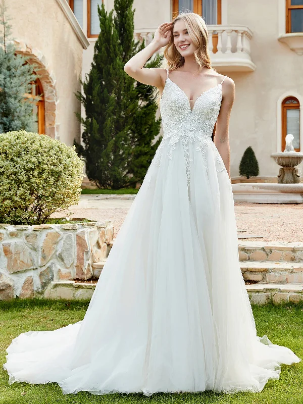 Bargain Bin Lace chiffon pleated church trailing wedding dress