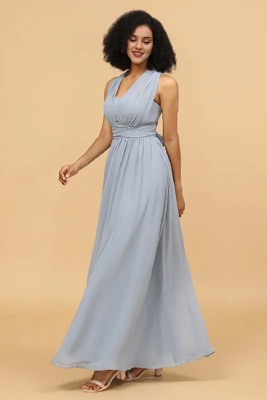 Fantastic Deals Grey blue A Line long chiffon bridesmaid dress with multiple dressing styles
