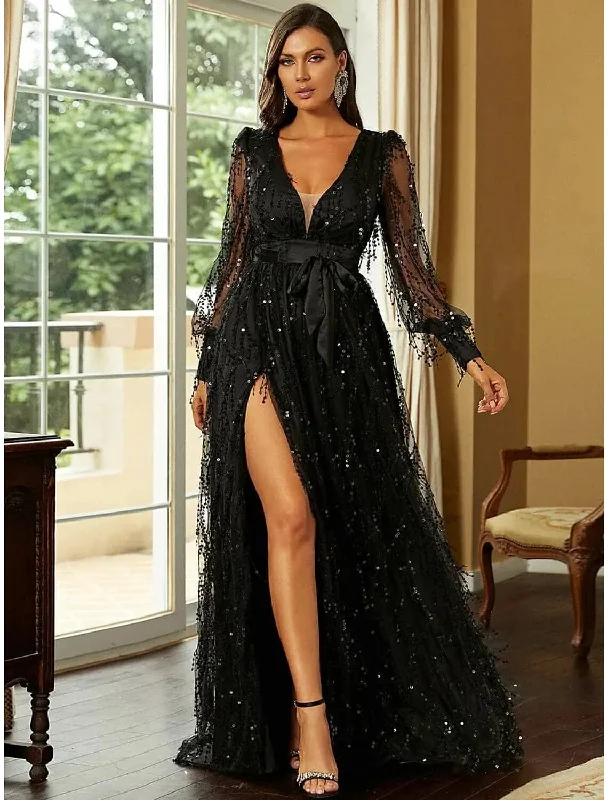 Online Exclusive A-Line Evening Gown Elegant Dress Formal Sweep / Brush Train Long Sleeve V Neck Sequined with Glitter Slit Strappy