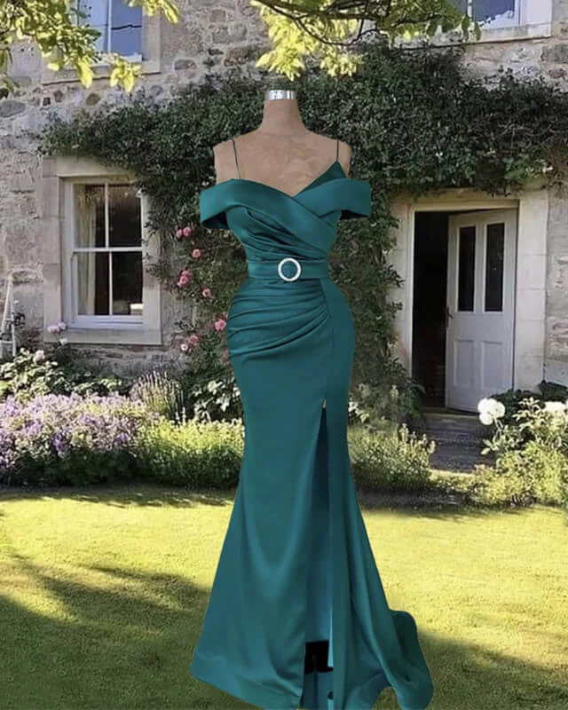 New Markdowns Mermaid Dark Green Cold Shoulder Satin Ruched Floor-length Prom Dresses New Markdowns Mermaid Dark Green Cold Shoulder Satin Ruched Floor-length Prom Dresses