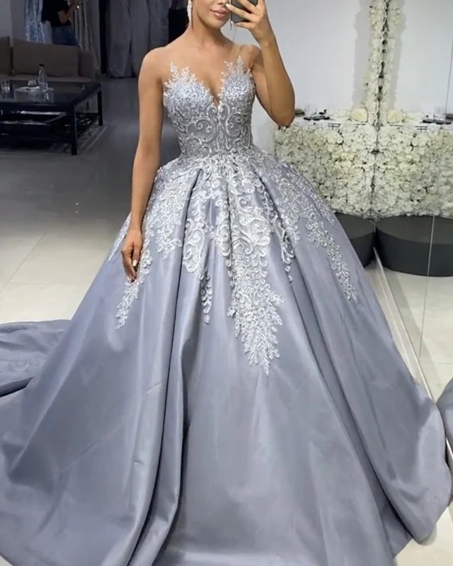Exclusive Access Silver Wedding Dress Satin Ball Gown Lace Embroidery A-Line Princess Prom Dresses Exclusive Access Silver Wedding Dress Satin Ball Gown Lace Embroidery A-Line Princess Prom Dresses