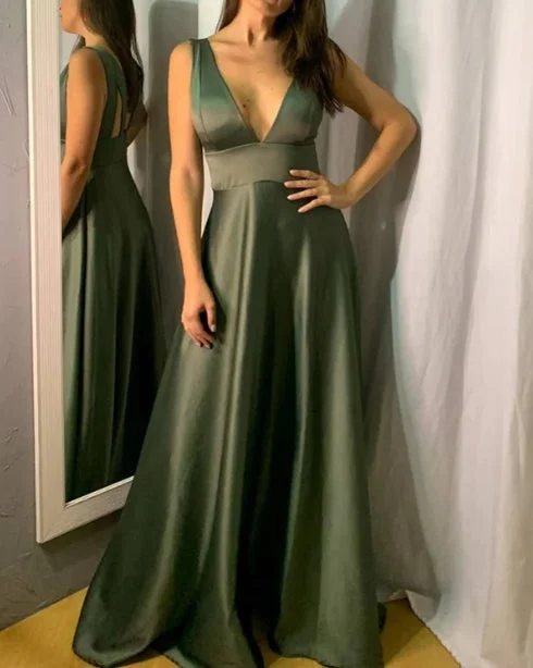 Discount Deals Long Satin V Neck Empire Bridesmaid Dresses A-Line Evening Dresses