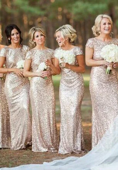 Deal Explosion Sequin Bateau Short Cap Sleeve Low-V-Back Modern Floor-length Bridesmaid Dress