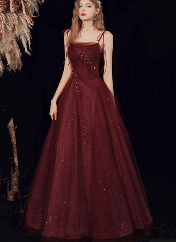 Get It Before It’s Gone Wine Red Spaghetti Strap Tulle Beaded Long Prom Dress A-line Evening Dress