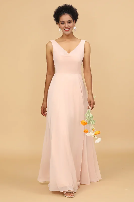 Crazy Deals Pink A-line V-neck chiffon long bridesmaid dress