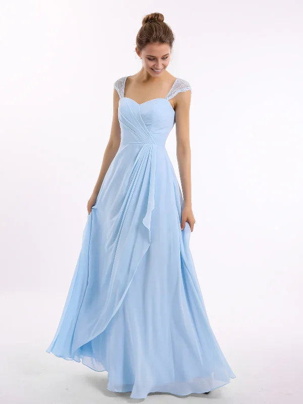Instant Discount Cute A-Line Chiffon Bridesmaid Dresses with Lace Cap Sleeves-Sky Blue