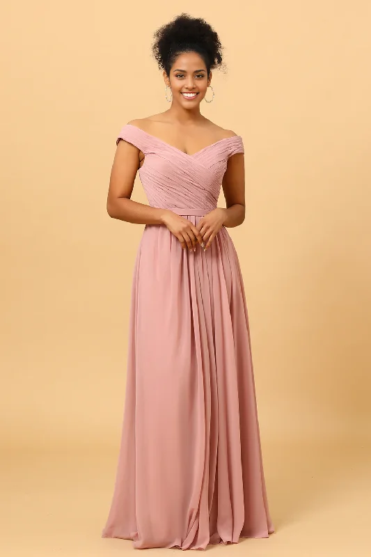 Grand Opening Sale Ruffles Chiffon Pink Bridesmaid Dress with Slit