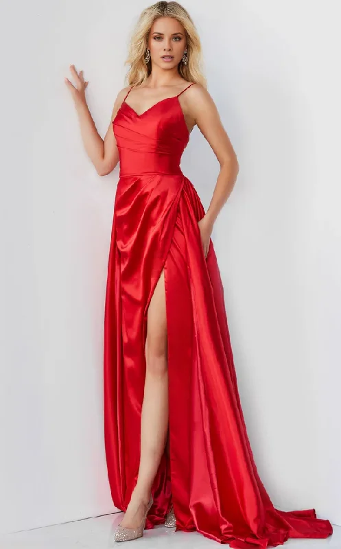 Super Bargain A-line V-neck spaghetti straps backless side slit evening dress
