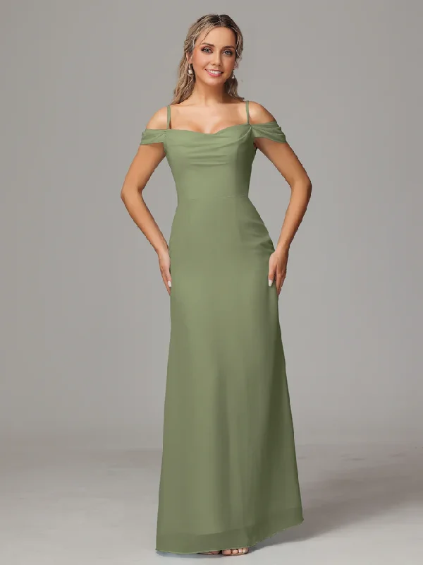 Massive Deals Spaghetti Straps Off The Shoulder Chiffon Long Bridesmaid Dress With Slit