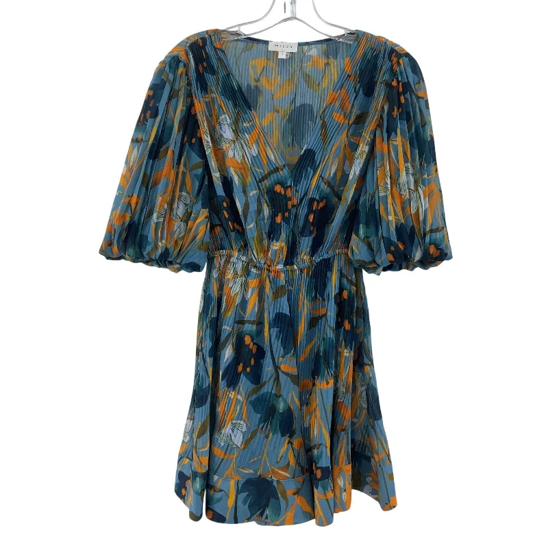 Don't Wait Milly Elle Blue/Orange Pleated Floral Puff Sleeve Mini Dress Sz 4 Women Preowned Don't Wait Milly Elle Blue/Orange Pleated Floral Puff Sleeve Mini Dress Sz 4 Women Preowned