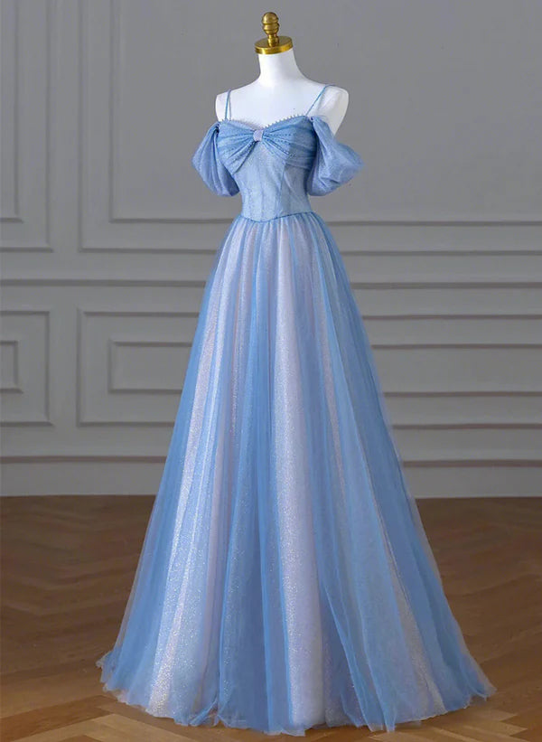 Stock Clearance A-Line Princess Glitter Blue and Pink Beaded Tulle Long Party Dress Prom Dress