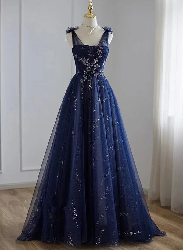 Reduced Prices A-Line Princess Navy Blue Tulle Beaded V-neckline Party Dress Shiny Tulle Prom Dress