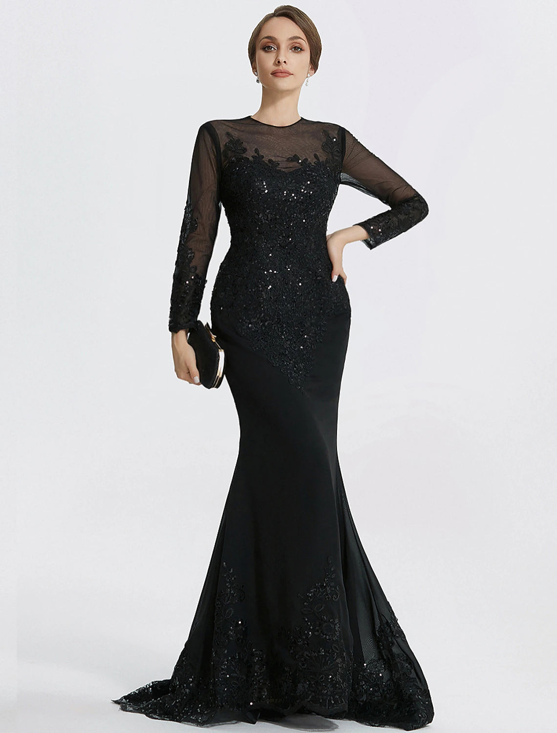 Lowest Prices Mermaid / Trumpet Sheath / Column Evening Gown Elegant Dress Formal Floor Length Long Sleeve Jewel Neck Lace with Appliques