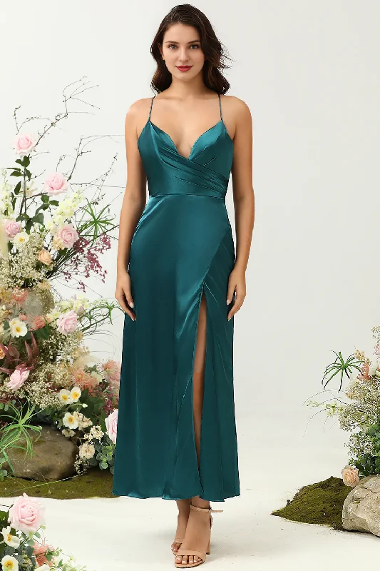 Overstock Sale A-line thin shoulder strap dark green shiny satin backless bridesmaid dress Overstock Sale A-line thin shoulder strap dark green shiny satin backless bridesmaid dress