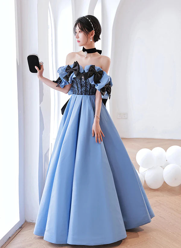 Bargain Prices Blue Satin Off Shoulder Black Lace Long Party Dress A-line Blue Prom Dress Evening Dress