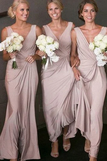 Buy More, Save More Jersey Floor-length A Line Sleeveless Casual Bridesmaid Dress with Ruching and Pick Up
