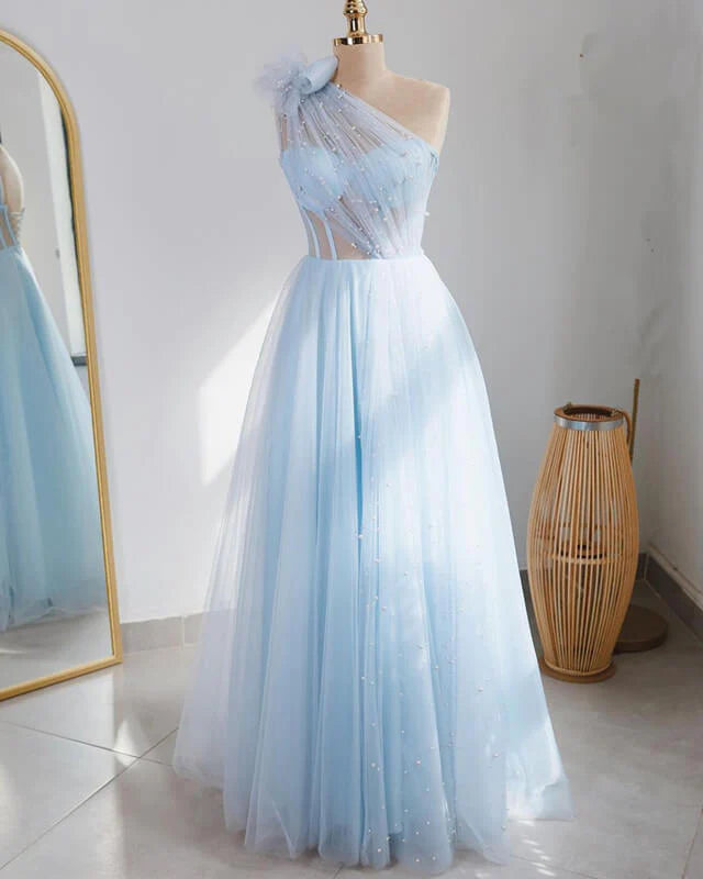 Act Fast Light Blue Tulle One Shoulder Dress A-Line Princess Prom Dresses