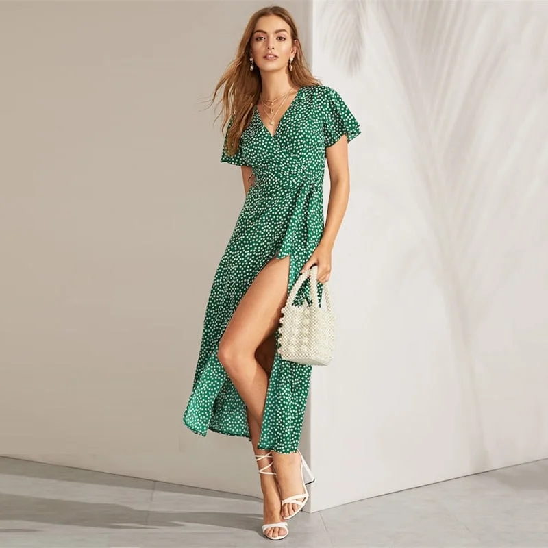 Super Bargain Women's Summer Casual V-Neck A-Line Dress With Floral Print