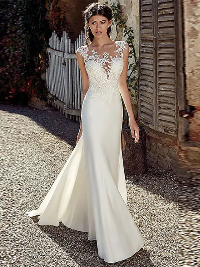 Savings Galore Beach Open Back Wedding Dresses Court Train Mermaid Trumpet Cap Sleeve Bateau Neck Illusion Neck Chiffon With Appliques Savings Galore Beach Open Back Wedding Dresses Court Train Mermaid Trumpet Cap Sleeve Bateau Neck Illusion Neck Chiffon With Appliques