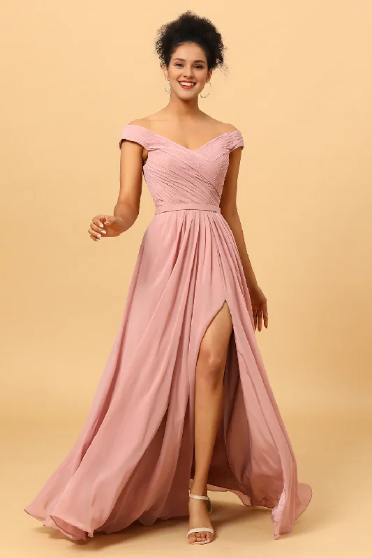 Price Cut Grey rose pleated long slit chiffon bridesmaid dress