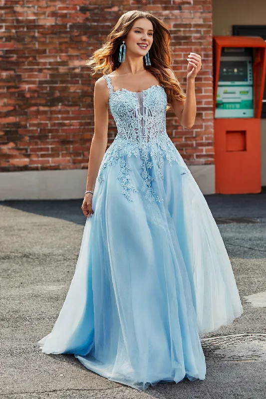 Big Discounts Light blue A-line thin shoulder strap decal tight corset evening dress