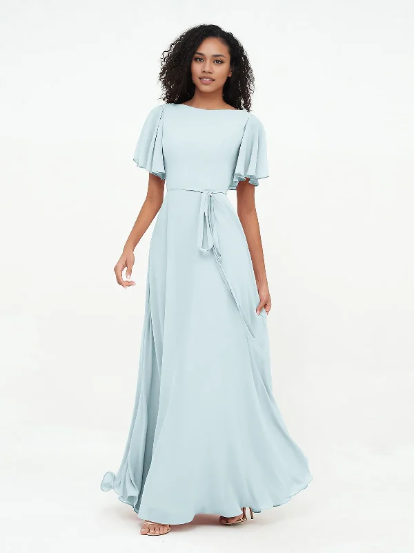 Weekend Deal Flutter Sleeves Chiffon Max Dresses Floor-length Bridesmaid Dresses with Sash Bow