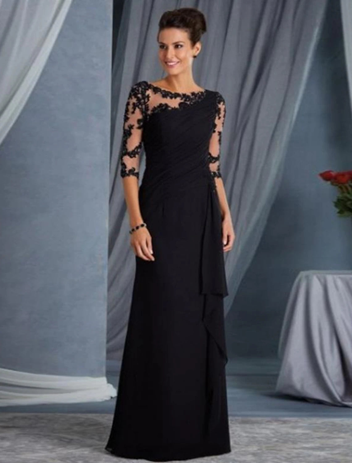 Deal Mania Sheath / Column Evening Gown Elegant Dress Formal Evening Floor Length Half Sleeve Jewel Neck Fall Wedding Guest Lace with Appliques